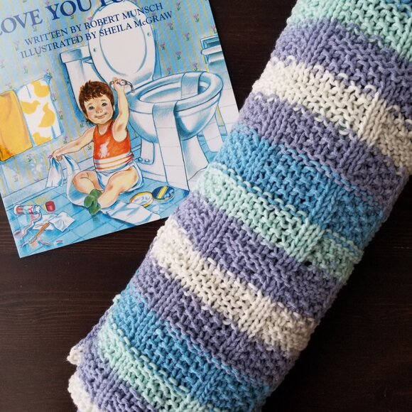 Hand Knit Blanket in Blue, Mint, and White - Picture 5 of 6